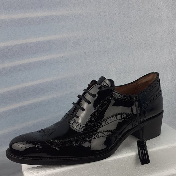 Pertini Shoes - Made in Spain PATENT LEATHER Waterproof chunky square heel Wingtip Oxford 36/5.5
